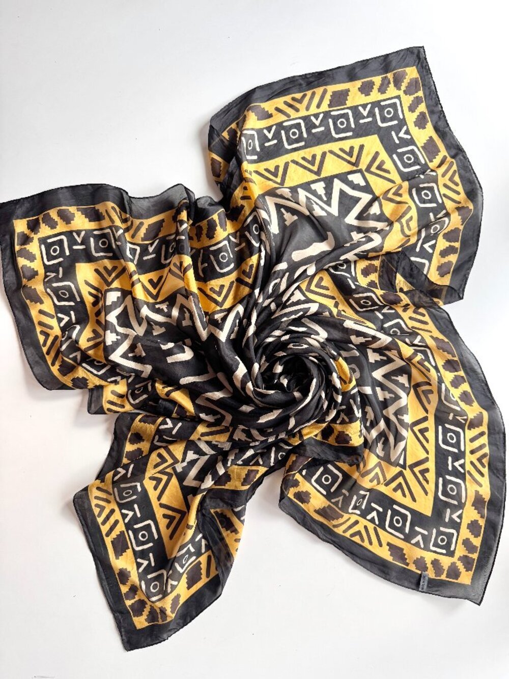 Unbranded Black Yellow Mudcloth Print Silk Chiffon Large Square Scarf